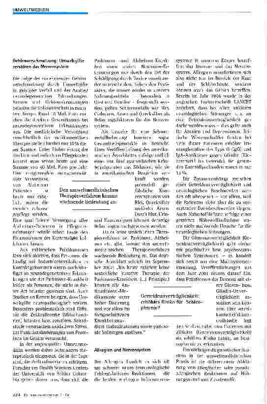 Vorschauseite 2: Wenn Gifte auf die Nerven gehenKann die angewandte Umweltmedizin unser Gesimdheitssystem vor dem Kollaps bewahren?
