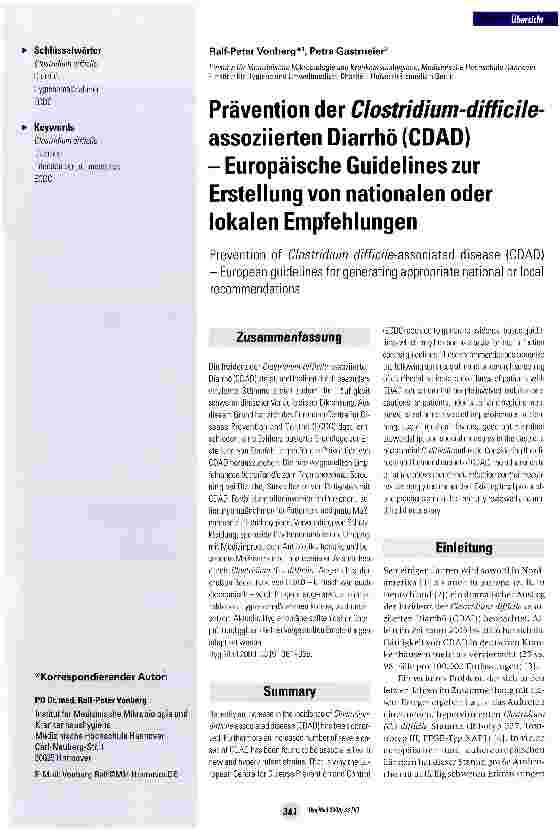 Vorschauseite 1: Prävention der Clostridium-difficile-assoziierten Diarrhö (CDAD) - Europäische Guidelines zur Erstellung von nationalen oder lokalen Empfehlungen
