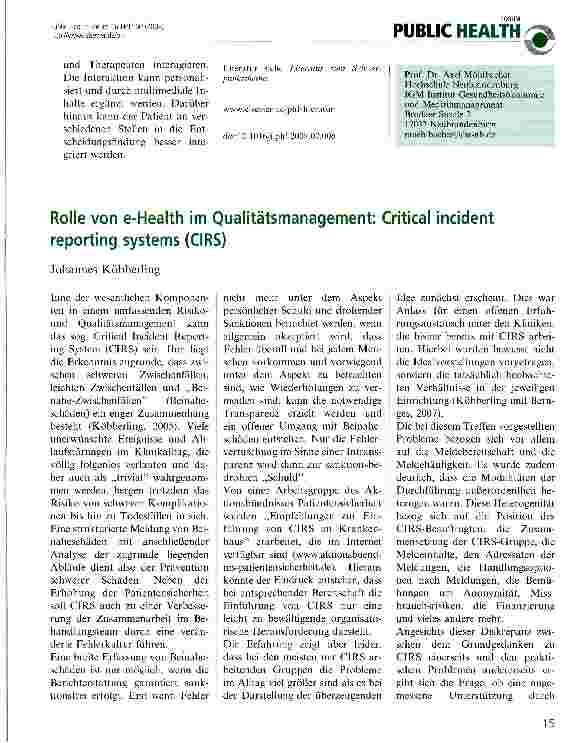 Vorschauseite 1: Rolle von e-Health im Qualitätsmanagement: Critical ineident reporting Systems (CIRS)