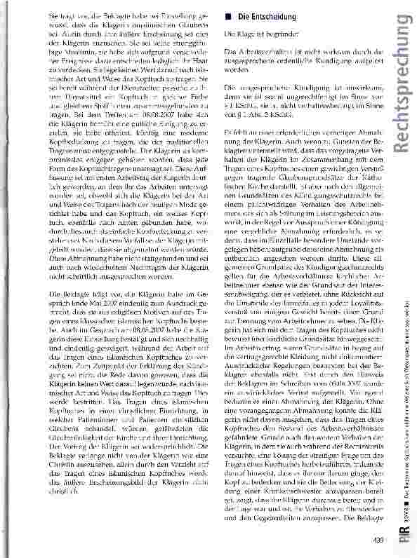 Vorschauseite 2: Das Tragen eines Kopftuchs kann nicht ohne Weiteres kraft Weisungsrechts untersagt werden