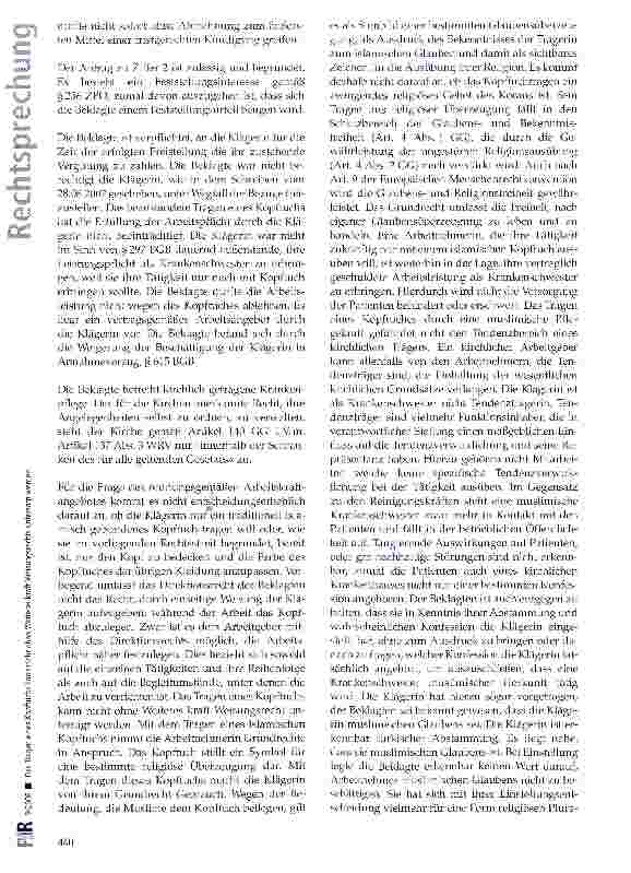 Vorschauseite 3: Das Tragen eines Kopftuchs kann nicht ohne Weiteres kraft Weisungsrechts untersagt werden