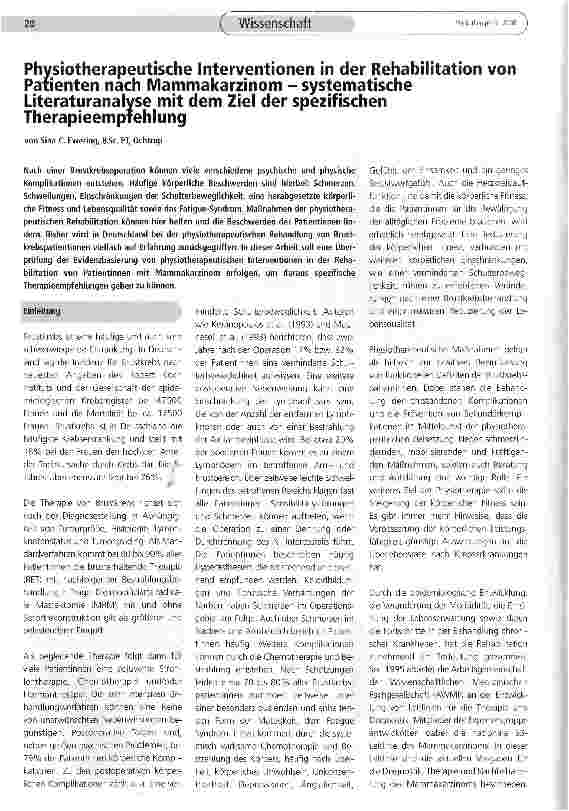 Vorschauseite 1: Physiotherapeutische Interventionen in der Rehabilitation von Patienten nach Mammakarzinom - systematische Literaturanalyse mit dem Ziel der spezifischen Therapieempfehlung