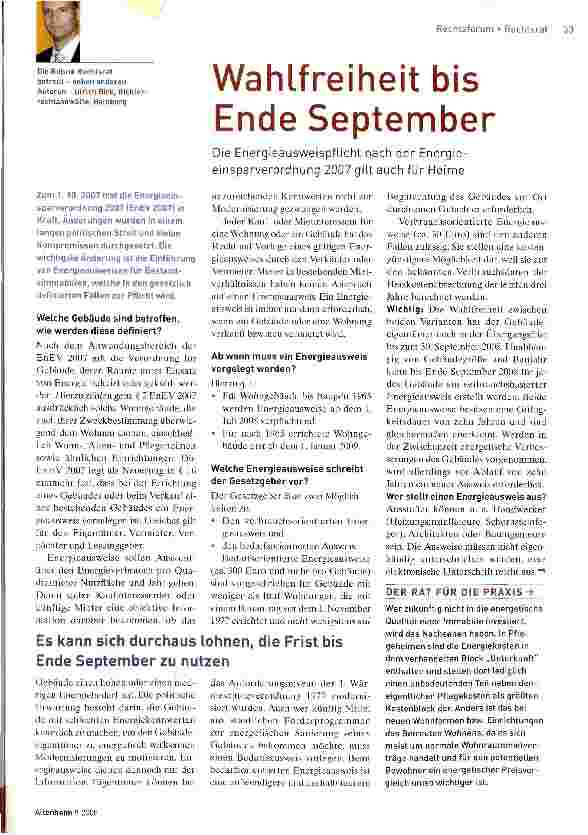 Vorschauseite 1: Wahlfreiheit bis Ende SeptemberDie Energieausweispflicht nach der Energieeinsparverordnung 2007 gilt auch für Heime
