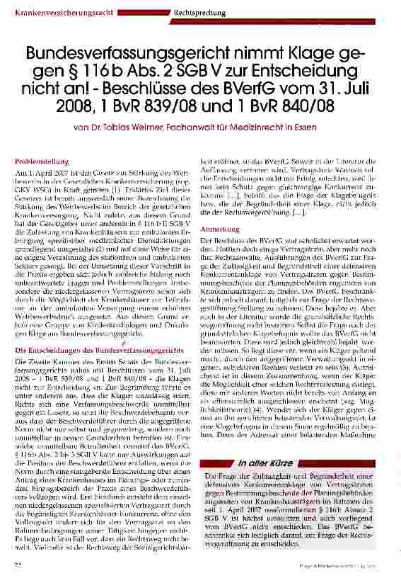 Vorschauseite 1: Bundesverfassungsgericht nimmt Klage gegen § 116 b Abs. 2 SGB V zur Entscheidung nicht an! - Beschlüsse des BVerfG vom 31. Juli 2008,1 BvR 839/08 und 1 BvR 840/08