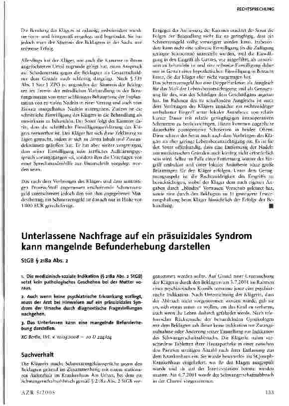 Vorschauseite 2: Schmerzensgeld für rechtswidrige ambulante Akupunkturbehandlung