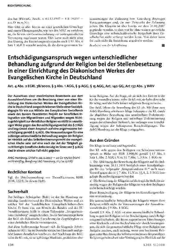 Vorschauseite 1: Entschädigungsanspruch wegen unterschiedlicher Behandlung aufgrund der Religion bei der Stellenbesetzung in einer Einrichtung des Diakonischen Werkes der Evangelischen Kirche in D…