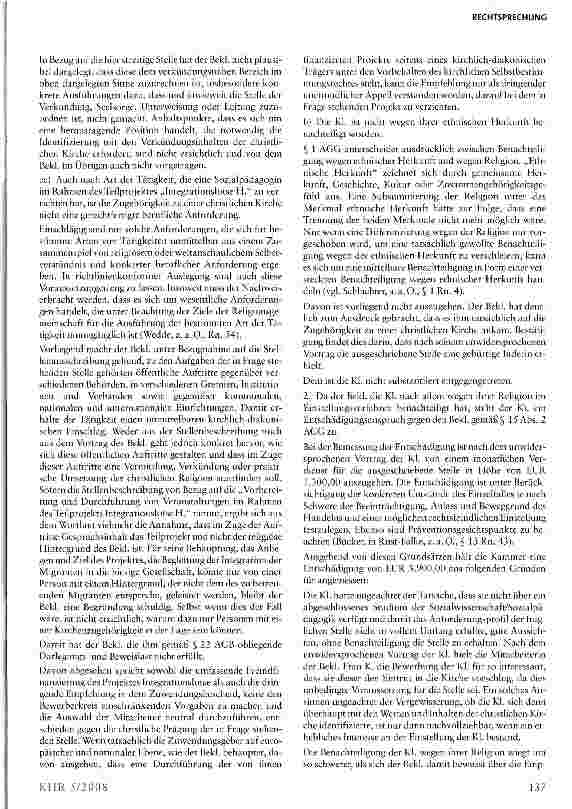 Vorschauseite 4: Entschädigungsanspruch wegen unterschiedlicher Behandlung aufgrund der Religion bei der Stellenbesetzung in einer Einrichtung des Diakonischen Werkes der Evangelischen Kirche in D…