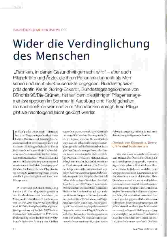 Vorschauseite 1: GANZHEITLICHE MEDIZIN UND PFLEGE Wider die Verdinglichung des Menschen