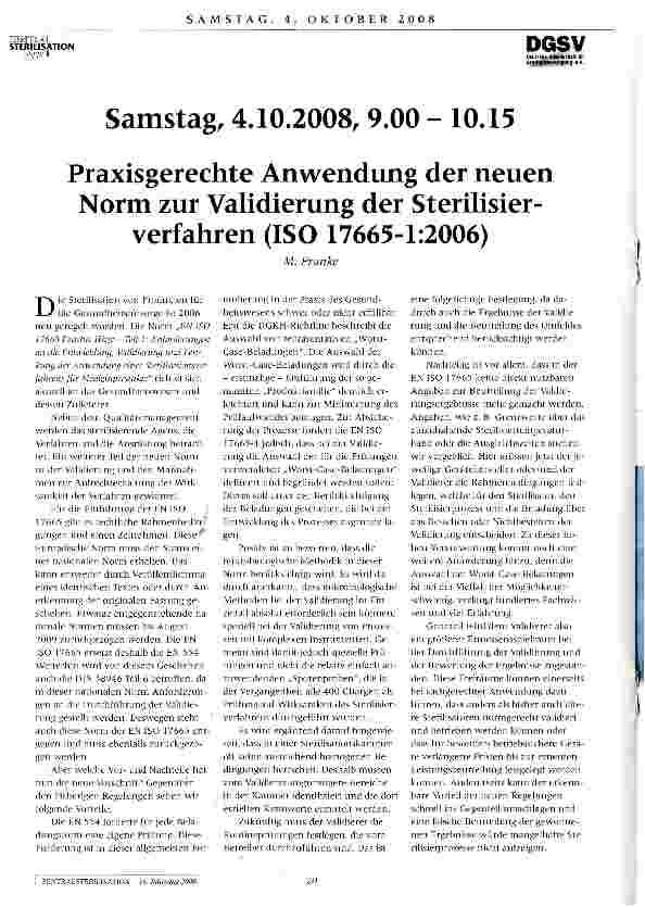 Vorschauseite 1: Praxisgerechte Anwendung der neuen Norm zur Validierung der Sterilisierverfahren (ISO 17665-1:2006)