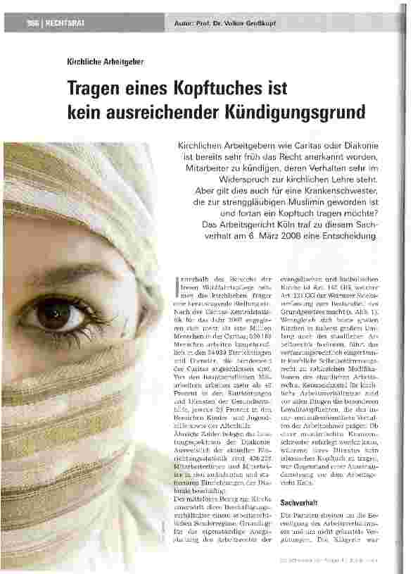 Vorschauseite 1: Tragen eines Kopftuches ist kein ausreichender Kündigungsgrund