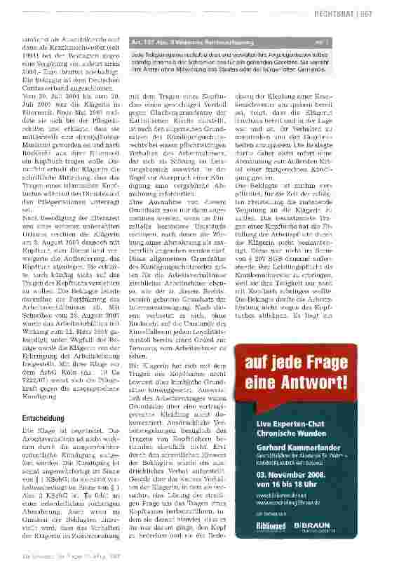 Vorschauseite 2: Tragen eines Kopftuches ist kein ausreichender Kündigungsgrund