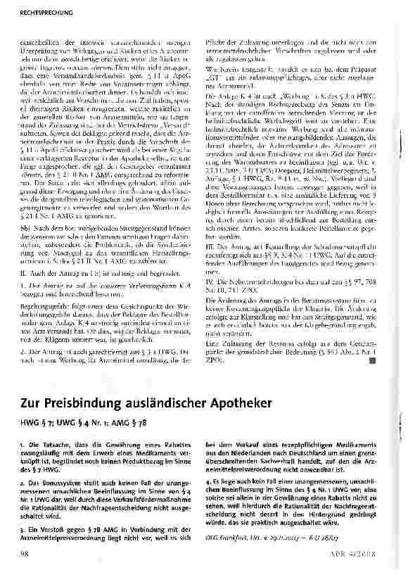 Vorschauseite 1: Zur Preisbindung ausländischer ApothekerHWG § 7; UWG § 4 Nr. i; AMG § 78