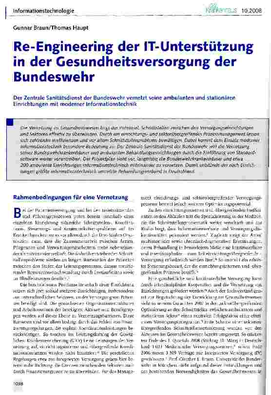 Vorschauseite 1: Re-Engineering der IT-Unterstützung in der Gesundheitsversorgung der BundeswehrDer Zentrale Sanitätsdienst der Bundeswehr vernetzt seine ambulanten und stationären Einrichtungen m…