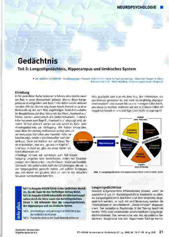 Vorschauseite 1: Gedächtnis Teil 3: Langzeitgedächtnis, Hippocampus und limbisches System