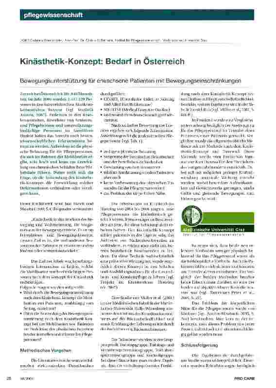 Vorschauseite 1: Kinästhetik-Konzept: Bedarf in Österreich Bewegungsunterstützung für erwachsene Patienten mit Bewegungseinschränkungen