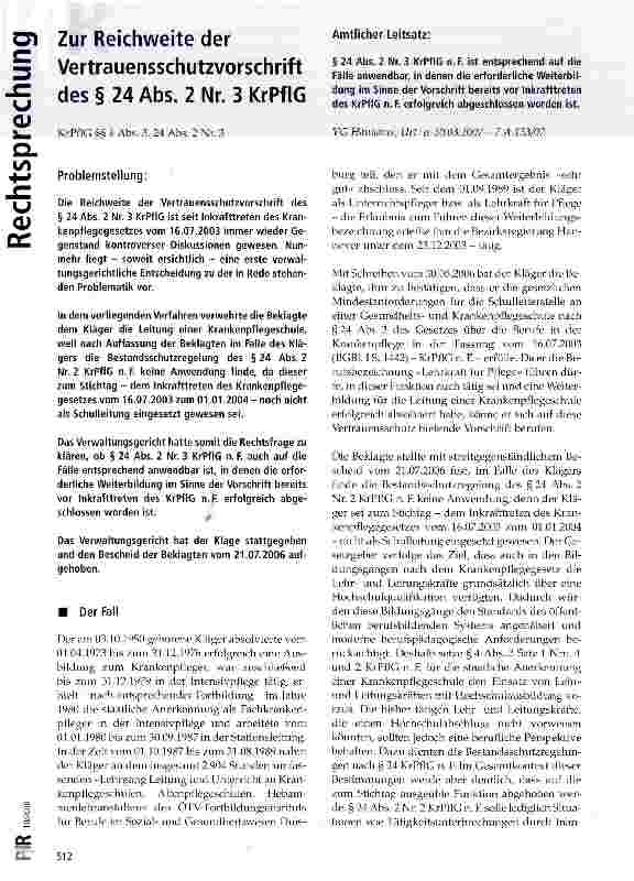 Vorschauseite 1: Zur Reichweite der Vertrauensschutzvorschrift des § 24 Abs. 2 Nr. 3 KrPflGKrPflG §§ 4 Abs. 3, 24 Abs. 2 Nr. 3