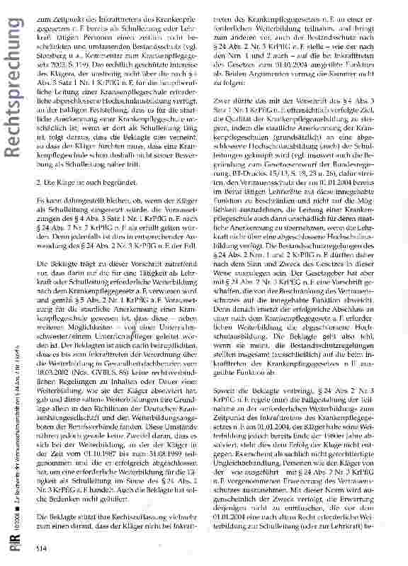 Vorschauseite 3: Zur Reichweite der Vertrauensschutzvorschrift des § 24 Abs. 2 Nr. 3 KrPflGKrPflG §§ 4 Abs. 3, 24 Abs. 2 Nr. 3