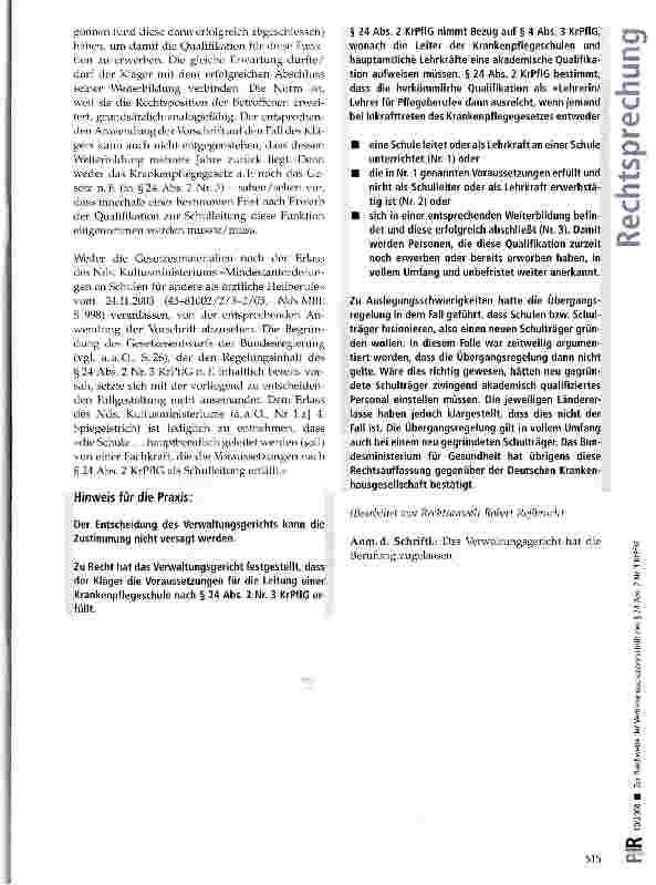 Vorschauseite 4: Zur Reichweite der Vertrauensschutzvorschrift des § 24 Abs. 2 Nr. 3 KrPflGKrPflG §§ 4 Abs. 3, 24 Abs. 2 Nr. 3