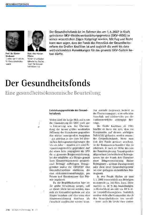 Vorschauseite 1: Der Gesundheitsfonds Eine gesundheitsökonomische Beurteilung