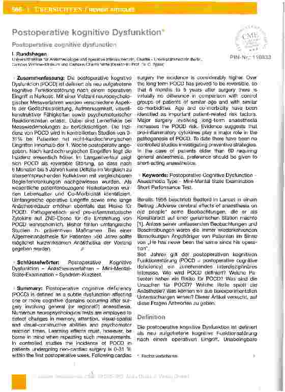 Vorschauseite 1: Postoperative kognitive Dysfunktion