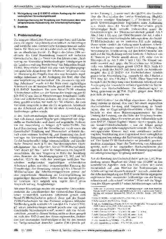 Vorschauseite 2: Unzulässige Arbeitszeitverkürzung für angestellte Hochschulprofessoren durch Tarifvertrag-zur Bindung der Tarifund Arbeitsvertragsparteien an Art. 5 Abs. 3 Satz 1 GG -