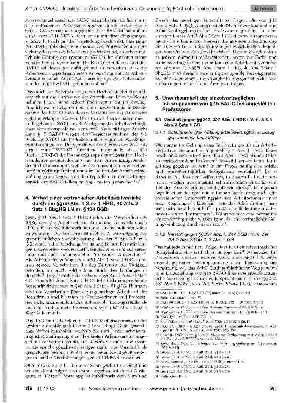 Vorschauseite 6: Unzulässige Arbeitszeitverkürzung für angestellte Hochschulprofessoren durch Tarifvertrag-zur Bindung der Tarifund Arbeitsvertragsparteien an Art. 5 Abs. 3 Satz 1 GG -