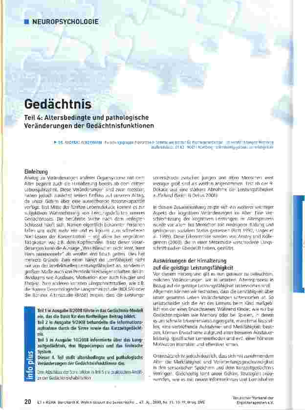 Vorschauseite 1: GedächtnisTeil 4: Altersbedingte und pathologische Veränderungen der Gedächtnisfunktionen