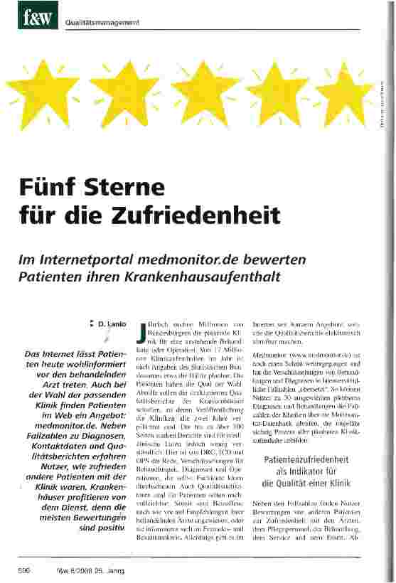 Vorschauseite 1: Fünf Sterne für die ZufriedenheitIm Internetportal medmonitor.de bewerten Patienten ihren Krankenhausaufenthalt