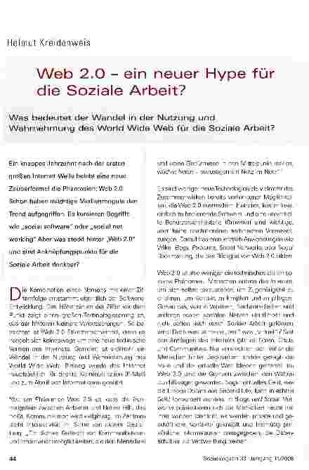 Vorschauseite 1: Web 2. 0 - ein neuer Hype für die Soziale Arbeit? Was bedeutet der Wandel in der Nutzung und Wahrnehmung des World Wide Web für die Soziale Arbeit?
