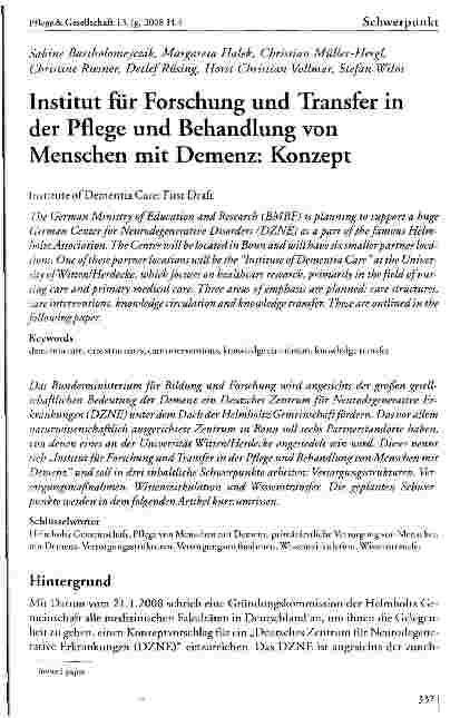 Vorschauseite 1: Institut für Forschung und Transfer in der Pflege und Behandlung von Menschen mit Demenz: Konzept
