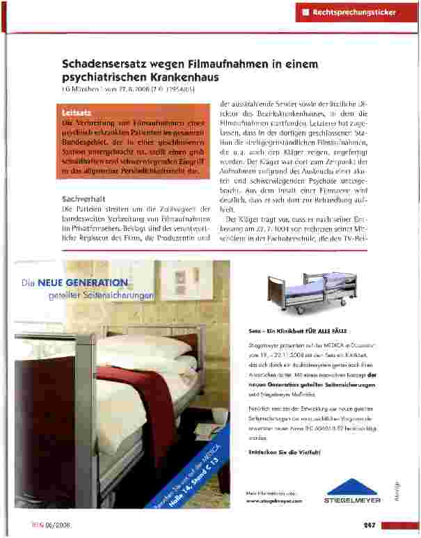 Vorschauseite 1: Schadensersatz wegen Filmaufnahmen in einem psychiatrischen Krankenhaus