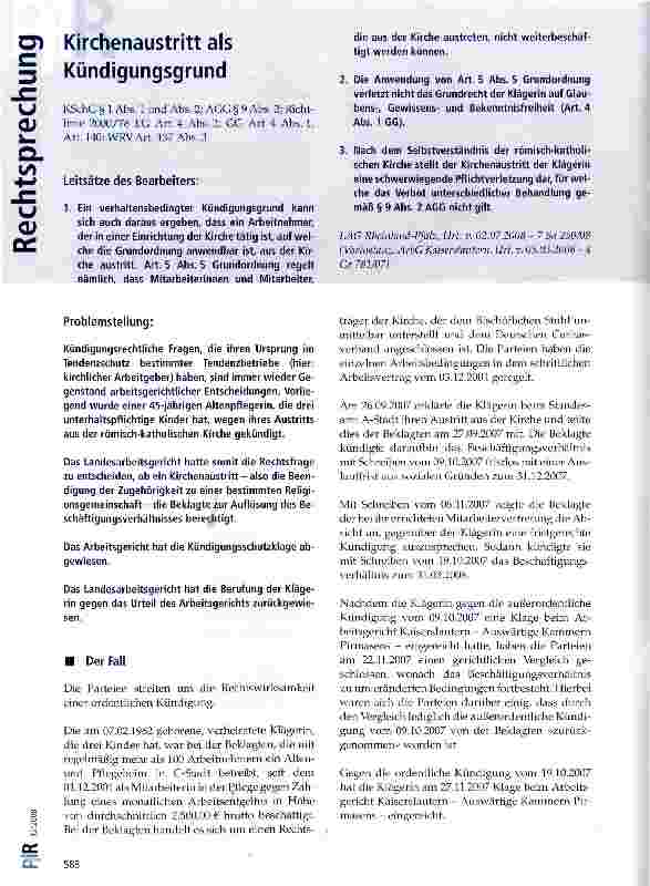 Vorschauseite 1: Kirchenaustritt als Kündigungsgrund