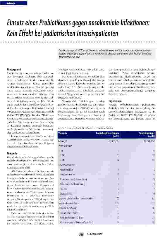 Vorschauseite 1: Einsatz eines Probiotikums gegen nosokomiale Infektionen: Kein Effekt bei pädiatrischen Intensivpatienten