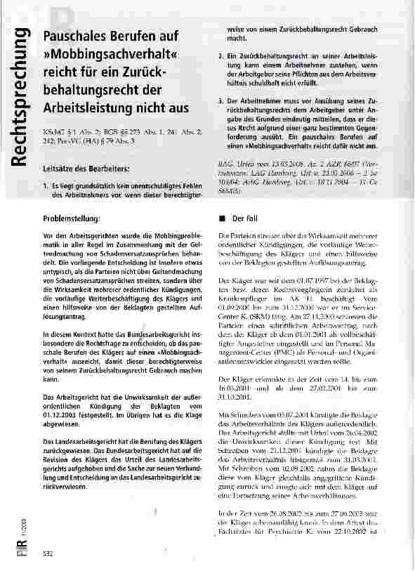 Vorschauseite 1: Pauschales Berufen auf »Mobbingsachverhalt« reicht für ein Zurück-behaltungsrecht der Arbeitsleistung nicht aus