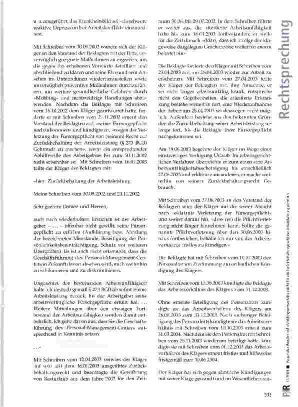 Vorschauseite 2: Pauschales Berufen auf »Mobbingsachverhalt« reicht für ein Zurück-behaltungsrecht der Arbeitsleistung nicht aus