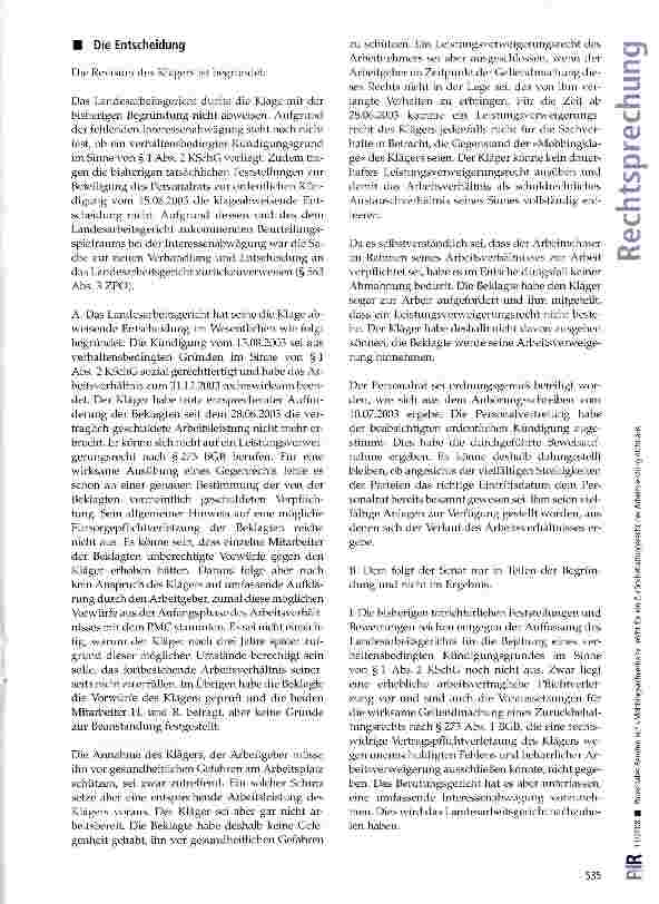 Vorschauseite 4: Pauschales Berufen auf »Mobbingsachverhalt« reicht für ein Zurück-behaltungsrecht der Arbeitsleistung nicht aus