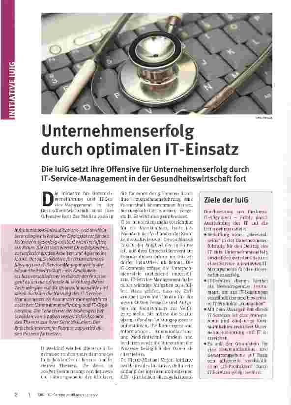 Vorschauseite 1: Unternehmenserfolg durch optimalen IT-EinsatzDie luiG setzt ihre Offensive für Unternehmenserfolg durch IT-Service-Management in der Gesundheitswirtschaft fort