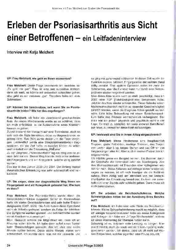 Vorschauseite 1: Erleben der Psoriasisarthritis aus Sicht einer Betroffenen - ein Leitfadeninterview