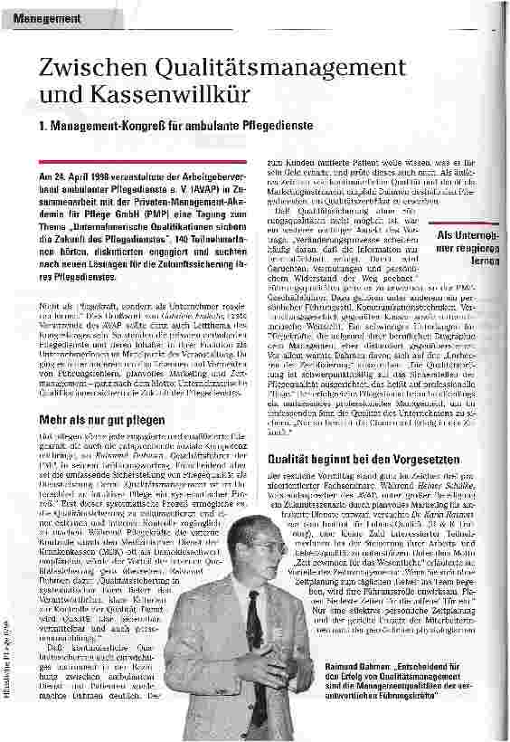 Vorschauseite 1: Zwischen Qualitätsmanagement und Kassenwillkür 1. Management-Kongreß für ambulante Pflegedienste