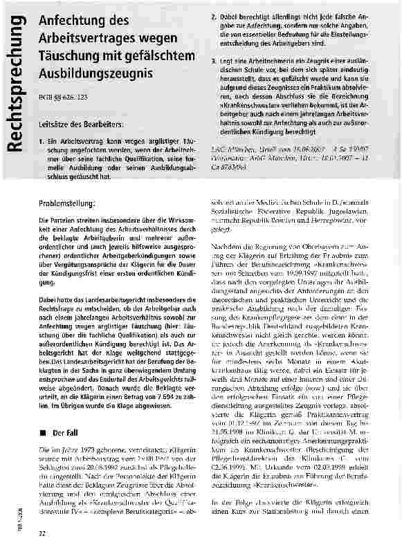 Vorschauseite 1: Anfechtung des Arbeitsvertrages wegen Täuschung mit gefälschtem Ausbildungszeugnis