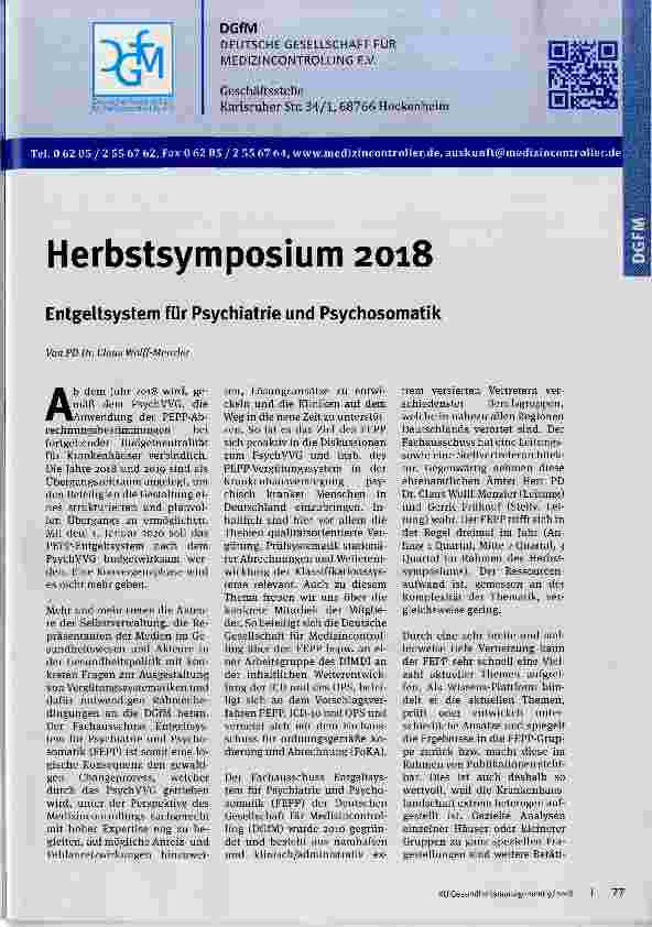 Vorschauseite 1: Herbstsymposium 2018 Entgeltsystem für Psychiatrie und Psychosomatik