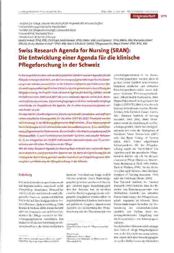 Vorschauseite 1: Swiss Research Agenda for Nursing (SRAN): Die Entwicklung einer Agenda für die klinische Pflegeforschung in der Schweiz