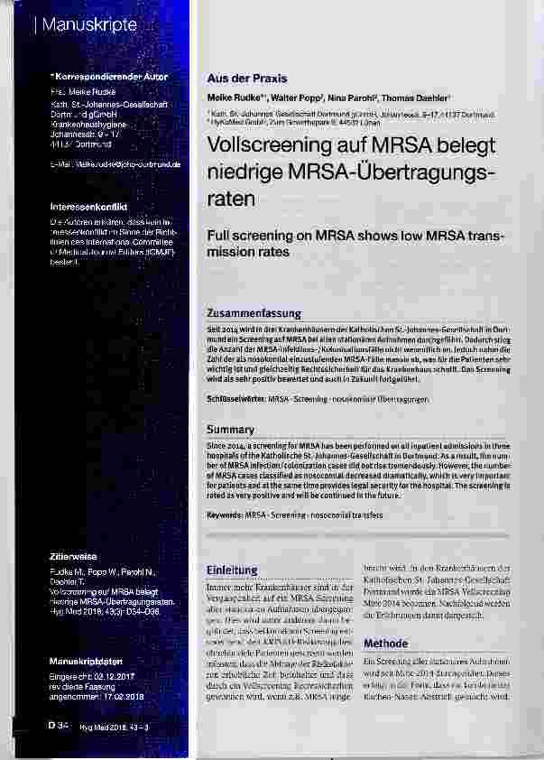Vorschauseite 1: Vollscreening auf MRSA belegt niedrige MRSA-Übertragungsraten
