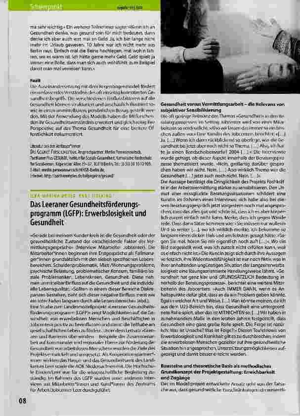 Vorschauseite 1: Das Leeraner Gesundheitsförderungsprogramm (LGFP): Erwerbslosigkeit und Gesundheit