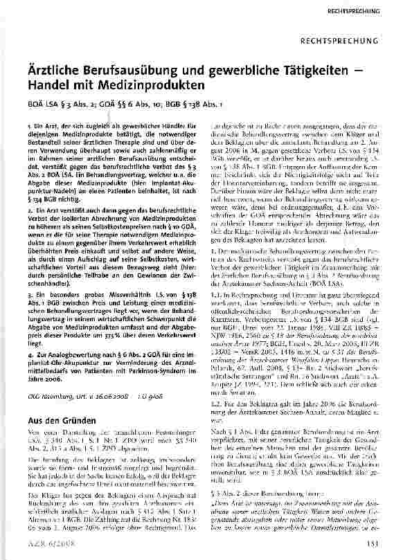 Vorschauseite 1: Ärztliche Berufsausübung und gewerbliche Tätigkeiten Handel mit Medizinprodukten