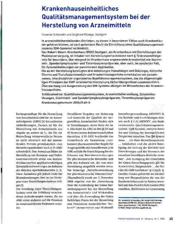 Vorschauseite 1: Krankenhauseinheitliches Qualitätsmanagementsystem bei der Herstellung von Arzneimitteln