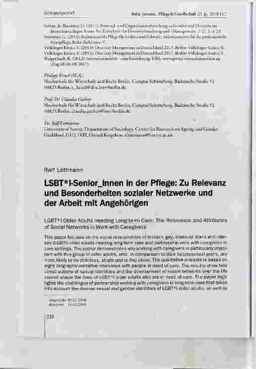 Vorschauseite 1: LSBT*l-SeniorJnnen in der Pflege: Zu Relevanz und Besonderheiten sozialer Netzwerke und der Arbeit mit Angehörigen