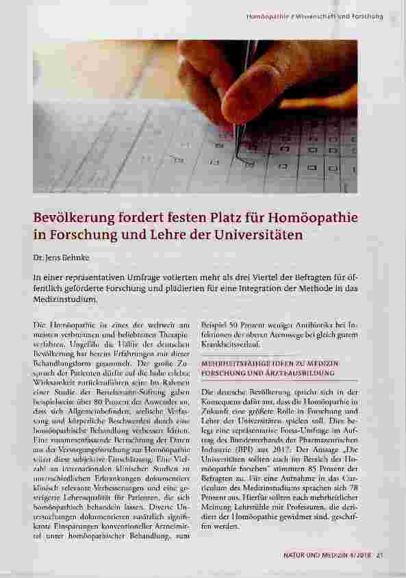 Vorschauseite 1: Bevölkerung fordert festen Platz für Homöopathie in Forschung und Lehre der Universitäten