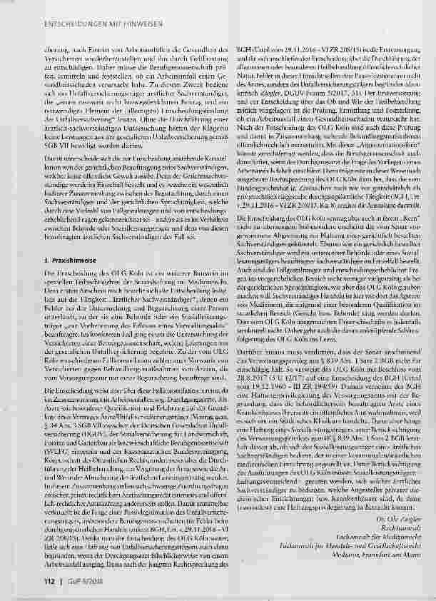 Vorschauseite 2: Haftung einer Berufsgenossenschaft für Behandlungsfehler eines von ihr mit einer Begutachtung beauftragten ärztlichen Sachverständigen
