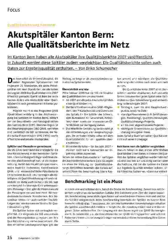 Vorschauseite 1: Akutspitäler Kanton Bern: Alle Qualitätsberichte im Netz
